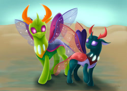 Size: 1280x909 | Tagged: safe, artist:safizejaart, pharynx, thorax, changedling, changeling, g4, brothers, butterfly wings, changedling brothers, clothes, deviantart watermark, digital art, glitter, glowing, horns, king thorax, looking at each other, male, obtrusive watermark, prince pharynx, purple eyes, siblings, signature, sky, smiling, sparkles, spread wings, watermark, wings