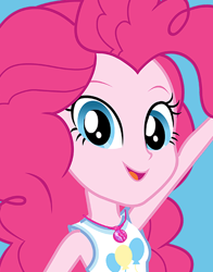 Size: 434x554 | Tagged: safe, pinkie pie, human, equestria girls, equestria girls series, g4, official, blue background, blue eyes, female, geode of sugar bombs, looking at you, magical geodes, new outfit, simple background, solo, updated, updated design