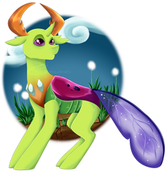 Size: 1024x1059 | Tagged: safe, artist:crecious, thorax, changedling, changeling, g4, clothes, cloud, glitter, grass, horns, king thorax, male, purple eyes, signature, simple background, sky, solo, transparent background