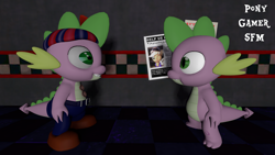 Size: 1920x1080 | Tagged: safe, artist:php170, applejack, spike, dragon, earth pony, pony, robot, five nights at aj's, g4, 3d, animatronic, balloon boy, balloon dragon spike, balloon spike, clothes, dialogue in the description, duo, eye contact, female, five nights at aj's 2, five nights at freddy's, five nights at freddy's 2, five nights at pinkie's, fnaf 2, happy, hi, looking at each other, male, mare, night guard, self dragondox, self paradox, smiling, source filmmaker, spike boy