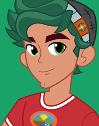 Size: 434x554 | Tagged: safe, timber spruce, human, equestria girls, g4, my little pony equestria girls: legend of everfree, official, camp everfree logo, camp everfree outfits, green background, green eyes, hat, looking at you, male, simple background, smiling, solo