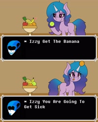 Size: 3277x4096 | Tagged: safe, artist:mrneo, izzy moonbow, pony, unicorn, g5, my little pony: a new generation, spoiler:my little pony: a new generation, ball, banana, deltarune, dialogue, female, food, get the banana, izzy impaling things, izzy's tennis ball, orange, queen (deltarune), scene interpretation, tennis ball, text box