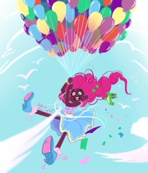 Size: 1024x1200 | Tagged: safe, artist:deanne_go, gummy, pinkie pie, human, g4, balloon, beautiful, blacktober, clothes, dark skin, dress, female, floating, flying, high heels, humanized, pink hair, shoes, then watch her balloons lift her up to the sky