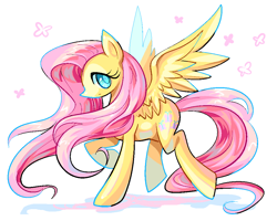 Size: 1000x800 | Tagged: safe, artist:noneimagines, fluttershy, pegasus, pony, g4, colored pupils, female, looking at you, mare, profile, raised hoof, solo, spread wings, wings