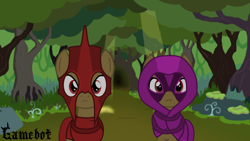 Size: 1600x900 | Tagged: safe, artist:tcgamebot, earth pony, pony, g4, clothes, dailo (ponyage chronicles), female, forest, helmet, hooded cape, illea (ponyage chronicles), looking at you, male, mask, ponyage chronicles, show accurate, tree