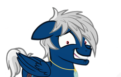 Size: 694x444 | Tagged: safe, artist:firehearttheinferno, derpibooru exclusive, oc, oc:trade wind, oc:ward wind, pegasus, pony, anxiety, blue coat, cutie mark, digital art, floppy ears, grin, jewelry, lip bite, messy mane, necklace, nervous, nervous smile, pendant, reaction image, shrunken pupils, silver mane, simple background, smiling, solo, tail, transparent background, vector, white tail, wings