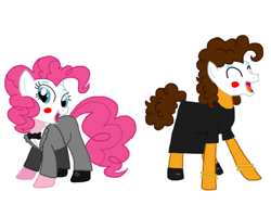 Size: 2048x1536 | Tagged: safe, artist:chanyhuman, cheese sandwich, pinkie pie, earth pony, pony, g4, clothes, clown, clown makeup, dress, female, male, mare, ship:cheesepie, shipping, simple background, stallion, straight, suit, white background