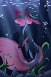 Size: 1280x1921 | Tagged: safe, artist:demonic_mako, oc, oc only, hybrid, merpony, original species, seapony (g4), bubble, clothes, crepuscular rays, dorsal fin, female, fins, fish tail, flowing mane, flowing tail, ocean, pink mane, purple eyes, rock, seaweed, signature, solo, sunlight, swimming, tail, underwater, water