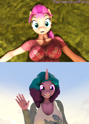 Size: 3096x4320 | Tagged: safe, artist:marianokun, izzy moonbow, sunny starscout, unicorn, anthro, g4, g5, my little pony: a new generation, spoiler:my little pony: a new generation, 3d, breasts, busty izzy moonbow, busty sunny starscout, clothes, g5 to g4, generation leap, grass, hi new friend, looking at each other, mini comic, scene interpretation, screencap reference, sky, smiling, source filmmaker