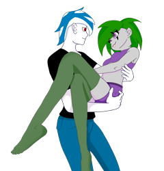 Size: 1426x1488 | Tagged: safe, artist:ukedideka, oc, oc only, oc:glo prizmatica, oc:quizzical aphre, human, bridal carry, butt grab, butt touch, carrying, clothes, female, grope, humanized, humanized oc, looking at each other, male, oc x oc, shipping, simple background, smiling, socks, stocking feet, stockings, straight, thigh highs, tongue out, transparent background, underwear