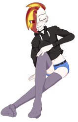 Size: 812x1280 | Tagged: safe, artist:ukedideka, oc, oc only, oc:lumen afterglow, human, belly button, clothes, collar, eye clipping through hair, hoodie, humanized, humanized oc, lip piercing, piercing, shorts, simple background, sitting, snake bites, socks, solo, stocking feet, stockings, thigh highs, tongue out, transparent background
