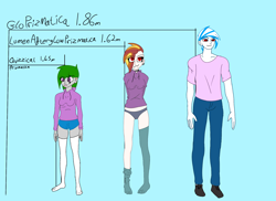 Size: 2048x1488 | Tagged: safe, artist:ukedideka, oc, oc:glo prizmatica, oc:lumen afterglow, oc:quizzical aphre, human, clothes, collar, eye clipping through hair, group, height difference, hoodie, humanized, humanized oc, panties, shoes, shorts, simple background, size chart, size comparison, socks, stocking feet, stockings, thigh highs, underwear