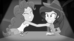 Size: 1920x1078 | Tagged: safe, screencap, pinkie pie, rarity, equestria girls, g4, my little pony equestria girls: better together, rarity investigates: the case of the bedazzled boot, black and white, duo, female, grayscale, monochrome