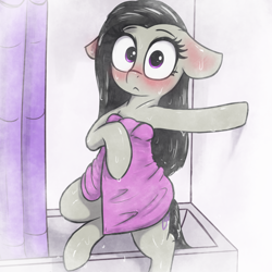 Size: 3000x3000 | Tagged: safe, artist:t72b, octavia melody, earth pony, pony, g4, bathtub, bipedal, bipedal leaning, blushing, covering, cute, embarrassed, female, floppy ears, high res, leaning, looking at you, naked towel, shower, solo, stupid sexy octavia, surprised, tavibetes, towel, wet, wet mane, wet mane octavia