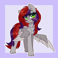 Size: 3176x3160 | Tagged: safe, artist:_spacemonkeyz_, oc, oc only, oc:evening prose, pegasus, pony, blushing, chest fluff, female, freckles, high res, jewelry, looking at you, mare, necklace, pearl necklace, smiling, solo, spread wings, wings