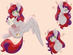 Size: 1560x1167 | Tagged: safe, artist:babiiclouds, oc, oc only, oc:evening prose, pegasus, pony, book, chest fluff, female, freckles, jewelry, looking at you, mare, necklace, pearl necklace, smiling, solo, spread wings, wings