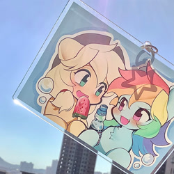 Size: 1680x1680 | Tagged: safe, artist:甜莓茶果园, applejack, rainbow dash, earth pony, pegasus, pony, g4, blushing, bottle, cute, dashabetes, female, food, jackabetes, lesbian, merchandise, popsicle, ship:appledash, shipping