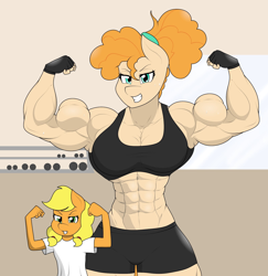 Size: 1606x1651 | Tagged: safe, artist:matchstickman, applejack, pear butter, earth pony, anthro, g4, abs, biceps, breasts, busty pear butter, clothes, dumbbell (object), duo, female, filly, filly applejack, fingerless gloves, flexing, gloves, grin, gritted teeth, gym, looking at you, mare, matchstickman's pear buffer series, mother and child, mother and daughter, muscles, muscular female, pear buffer, pecs, shirt, shorts, smiling, sports bra, sports shorts, triceps, weights, younger