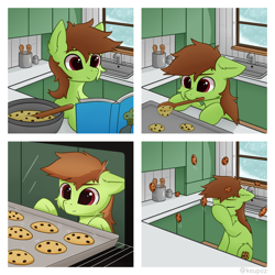 Size: 2240x2240 | Tagged: safe, artist:keupoz, oc, oc only, earth pony, pony, baking, baking sheet, book, bowl, commission, cookie, cooking, cutie mark, earth pony oc, facehoof, food, high res, kitchen, mouth hold, oven, sink, spoon, window