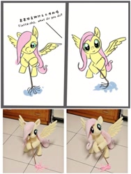Size: 2160x2879 | Tagged: safe, artist:nekokevin, artist:杏银花开, fluttershy, pegasus, pony, g4, bipedal, chinese, chinese meme, cute, dialogue, fluttermop, high res, irl, looking at you, meme, mop, photo, plushie, shyabetes, smiling, solo, spread wings, weapons-grade cute, wings