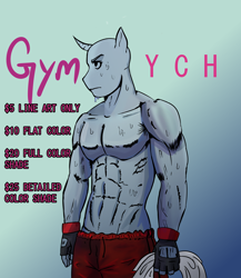 Size: 2000x2300 | Tagged: safe, artist:sentofu, anthro, biceps, clothes, commission, flexing, gym, high res, male, muscles, shorts, strong, sweat, sweatdrop, training, ych example, your character here