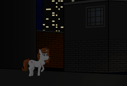 Size: 4812x3279 | Tagged: safe, artist:eminent entropy, oc, oc only, oc:winter solstice, pony, unicorn, :i, alley, blind, building, chest fluff, city, cityscape, dark, female, horn, house, mare, night, outdoors, raised hoof, sky, solo, wall