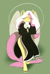 Size: 1350x2000 | Tagged: safe, artist:veesocks, fluttershy, pegasus, anthro, unguligrade anthro, g4, breasts, busty fluttershy, eyes closed, female, flutternun, folded wings, green background, nun, praying, simple background, solo, wings