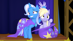 Size: 3840x2160 | Tagged: safe, artist:owlpirate, derpy hooves, trixie, earth pony, pony, unicorn, a matter of principals, g4, 3d, 4k, awkward smile, clothes, cute, derpabetes, duo, duo female, female, hat, high res, holding wings, magic show, magic trick, mare, pony out of a hat, scene interpretation, smiling, source filmmaker, trixie's hat, waving