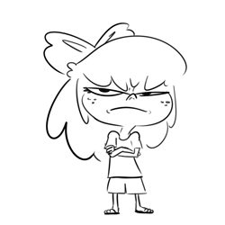 Size: 3300x3300 | Tagged: safe, artist:tjpones, apple bloom, human, g4, angry, black and white, crossed arms, female, freckles, frown, glare, grayscale, high res, humanized, looking at you, monochrome, sandals, simple background, solo, white background