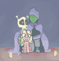 Size: 1400x1450 | Tagged: safe, anonymous artist, skellinore, oc, oc only, oc:anon, human, pony, skeleton pony, unicorn, g4, the break up breakdown, bone, candle, cloak, clothes, family photo, father and child, father and daughter, female, filly, foal, grin, hood, looking at you, male, mother and child, mother and daughter, necromancer, parent and child, ponybooru import, reversed gender roles equestria general, skeleton, smiling