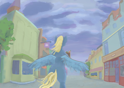 Size: 1240x877 | Tagged: safe, artist:marker, pegasus, pony, bag, city, cityscape, facing away, ponybooru import, rearing, street, windswept mane