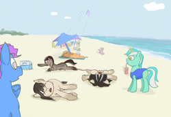 Size: 1600x1100 | Tagged: safe, lyra heartstrings, oc, oc:cold shoulder, oc:frosty flakes, oc:winter wonder, earth pony, pony, unicorn, yakutian horse, g4, adorable distress, beach, clothes, cute, dehydrated, eyes closed, female, glowing, glowing horn, heatstroke, horn, kite, magic, ocean, one-piece swimsuit, open mouth, ponybooru import, raised hoof, raised leg, requested art, swimsuit, telekinesis, this will end in death, underhoof, x eyes