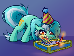 Size: 4000x3000 | Tagged: safe, artist:witchtaunter, lyra heartstrings, pony, unicorn, g4, behaving like a dog, birthday, birthday cake, cake, candle, dead eyes, derp, ear fluff, eating, faic, female, food, full mouth, gradient background, hat, herbivore, horses doing horse things, l.u.l.s., majestic as fuck, open mouth, party hat, solo, this will end in fire, wide eyes