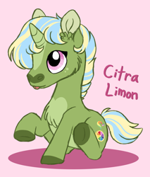 Size: 1532x1796 | Tagged: safe, artist:queenderpyturtle, oc, oc only, oc:citra limon, pony, unicorn, female, filly, pink background, simple background, solo, tongue out