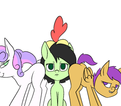 Size: 1000x872 | Tagged: safe, artist:happy harvey, apple bloom, scootaloo, sweetie belle, oc, oc:filly anon, earth pony, pegasus, pony, unicorn, g4, butt, butts everywhere, colored pupils, cutie mark crusaders, earth pony oc, face down ass up, female, filly, foal, lip bite, phone drawing, plot, plot sandwich, presenting, raised tail, simple background, tail, transparent background, unamused