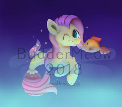 Size: 953x838 | Tagged: safe, artist:buddermeow, fluttershy, fish, pegasus, pony, seapony (g4), g4, blue background, bubble, dorsal fin, fish tail, flowing tail, green eyes, looking at you, ocean, one eye closed, pink mane, seaponified, seapony fluttershy, simple background, smiling, solo, species swap, tail, underwater, water, watermark, watershy, wink