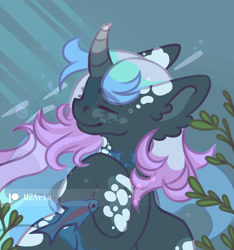 Size: 1600x1710 | Tagged: safe, artist:macyw, oc, oc only, fish, pony, unicorn, crepuscular rays, curved horn, ear fluff, eyes closed, flowing mane, horn, ocean, seaweed, signature, smiling, solo, swimming, underwater, water