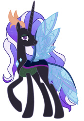 Size: 743x1075 | Tagged: safe, artist:noctissky, oc, oc only, changedling, changeling, hybrid, pony, unicorn, butterfly wings, ethereal mane, female, flowing mane, gem, horn, horns, long horn, purple eyes, purple mane, raised hoof, simple background, smiling, solo, spread wings, white background, wings