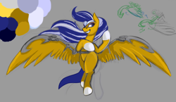 Size: 786x457 | Tagged: safe, artist:firehearttheinferno, oc, oc only, oc:vanity, oc:vanity angel, pegasus, pony, fallout equestria, fallout equestria: equestria the beautiful, blade, blue eyes, blue mane, concept art, concept for a fanfic, confident, crown, diagram, digital art, digital sketch, eyeshadow, fallout equestria oc, female, floating, flying, gliding, golden coat, graceful, grin, jewelry, lidded eyes, makeup, mare, pose, pride, regalia, silver mane, sindicate seven, smiling, smug smile, solo, straps, tiara, weapon, white hooves, windswept mane, wingblade, wings, wip, yellow coat