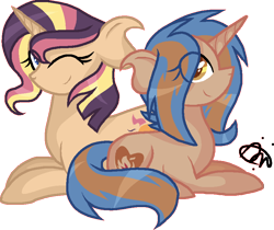 Size: 862x724 | Tagged: safe, artist:gallantserver, oc, oc only, oc:arpeggio twinkle, oc:twilight stardust, pony, unicorn, female, half-siblings, lying down, magical lesbian spawn, mare, offspring, parent:sci-twi, parent:sonata dusk, parent:sunset shimmer, parents:scitwishimmer, parents:sunata, prone, simple background, transparent background