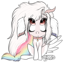 Size: 1633x1595 | Tagged: safe, artist:beamybutt, oc, oc only, pegasus, pony, bandage, collar, ear fluff, eyelashes, female, floppy ears, looking up, mare, multicolored hair, pegasus oc, rainbow hair, simple background, transparent background, wings
