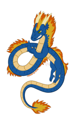 Size: 1349x2100 | Tagged: safe, artist:firehearttheinferno, oc, oc only, oc:blaze jr., dragon, eastern dragon, antlers, arms, big mane, blue, claws, commission, confident, fangs, fiery mane, finger gun, finger guns, floating, flying, green eyes, grin, horns, orange mane, scales, signature, smiling, smirk, snout, solo, tail, tail fluff, toes, underbelly, vector, watermark, yellow mane