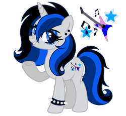 Size: 1000x924 | Tagged: safe, artist:madlilon2051, oc, oc only, oc:remix rock, pony, unicorn, base used, ear piercing, female, guitar, horn, magical lesbian spawn, makeup, mare, music notes, musical instrument, offspring, parent:octavia melody, parent:vinyl scratch, parents:scratchtavia, piercing, raised hoof, simple background, smiling, smirk, solo, spiked wristband, transparent background, underhoof, unicorn oc, wristband