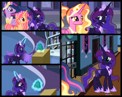 Size: 1280x1014 | Tagged: safe, artist:dawnheartyt, luster dawn, twilight sparkle, oc, oc:dawn heart, oc:princess dawn heart, oc:princess estela, alicorn, pony, comic:the beginning of the nightmare, g4, the last problem, alicorn oc, base used, ethereal mane, eyelashes, female, glowing, glowing horn, hoof shoes, horn, indoors, magic, mare, older, older twilight, older twilight sparkle (alicorn), peytral, princess twilight 2.0, starry mane, telekinesis, twilight sparkle (alicorn), wings