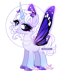 Size: 2200x2526 | Tagged: safe, artist:herusann, oc, oc only, pony, base used, butterfly wings, eyelashes, female, flower, flower in hair, grin, high res, hoof polish, horn, jewelry, makeup, mare, necklace, simple background, smiling, solo, transparent background, wings