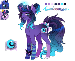 Size: 1754x1440 | Tagged: safe, artist:brot-art, princess luna, twilight sparkle, oc, oc:toxoplasmosa, alicorn, bicorn, pony, g4, bracelet, clothes, colored hooves, female, hoof polish, horn, horns, jewelry, magical lesbian spawn, mare, multiple horns, nonbinary, offspring, parent:princess luna, parent:twilight sparkle, parents:twiluna, reference sheet, simple background, smiling, socks, spiked wristband, striped socks, transparent background, twilight sparkle (alicorn), wristband