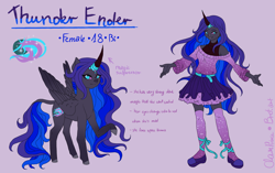 Size: 3441x2160 | Tagged: safe, artist:brot-art, oc, oc only, oc:thunder ender, alicorn, pony, anthro, alicorn oc, anthro oc, anthro with ponies, clothes, duo, duo female, female, high res, horn, horn ring, looking at you, mare, purple background, raised hoof, reference sheet, ring, simple background, skirt, smiling, smiling at you, wings