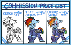 Size: 2366x1507 | Tagged: safe, artist:schokocream, rainbow dash, pegasus, pony, g4, advertisement, alternate timeline, apocalypse dash, armor, commission info, crystal war timeline, eye scar, female, mare, scar, torn ear