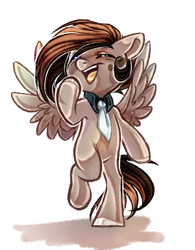 Size: 1550x1984 | Tagged: safe, artist:schokocream, oc, oc only, pegasus, pony, bipedal, eyes closed, laughing, necktie, pegasus oc, simple background, solo, white background, wings