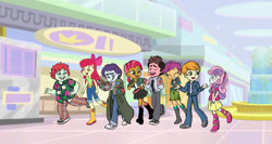 Size: 1224x653 | Tagged: safe, artist:sapphiregamgee, apple bloom, babs seed, scootaloo, sweetie belle, equestria girls, g4, boots, chunk, clothes, crossover, cutie mark crusaders, data, equestria girls-ified, female, hoodie, jeans, male, mall, mikey, mouth, pants, shirt, shoes, skirt, smiling, the goonies, walking